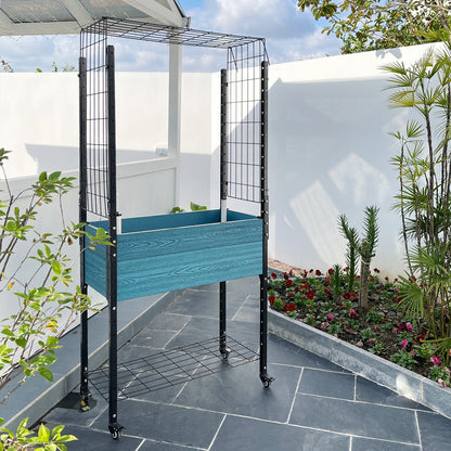 Self-watering Mobile Elevated Planter in Blue with Arch Trellis and UnderShelf