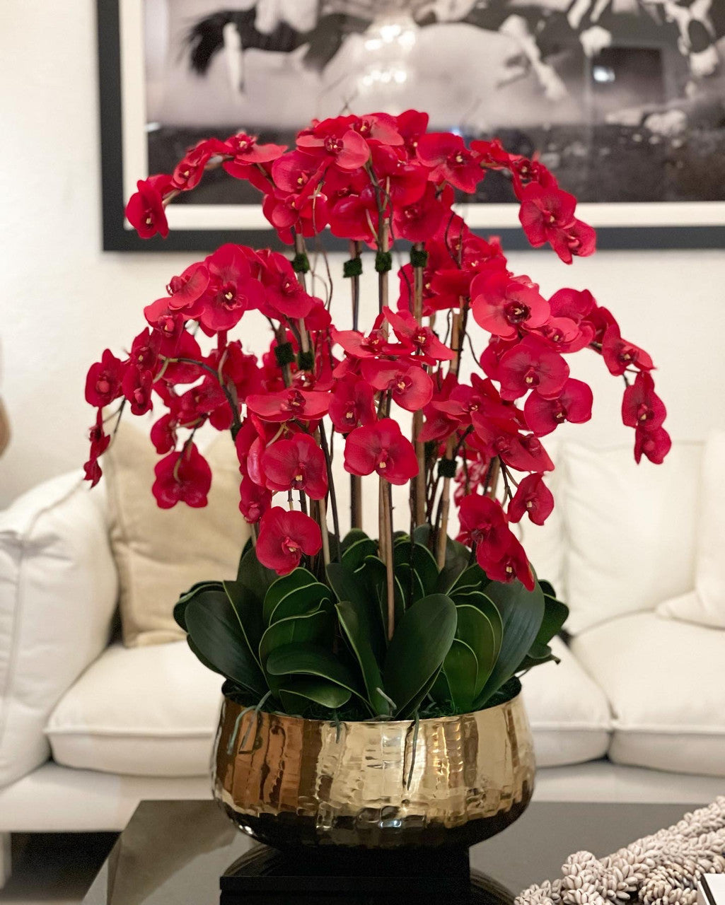 Red Phalaenopsis Orchids Floral Arrangement in Large Gold Planter