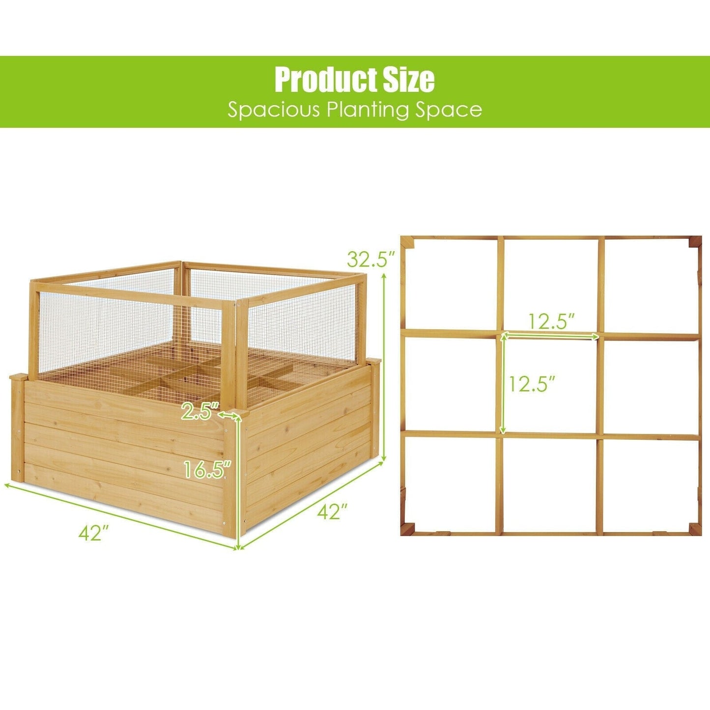 Wooden Raised Garden Bed with 9 Grids and Critter Guard Fence