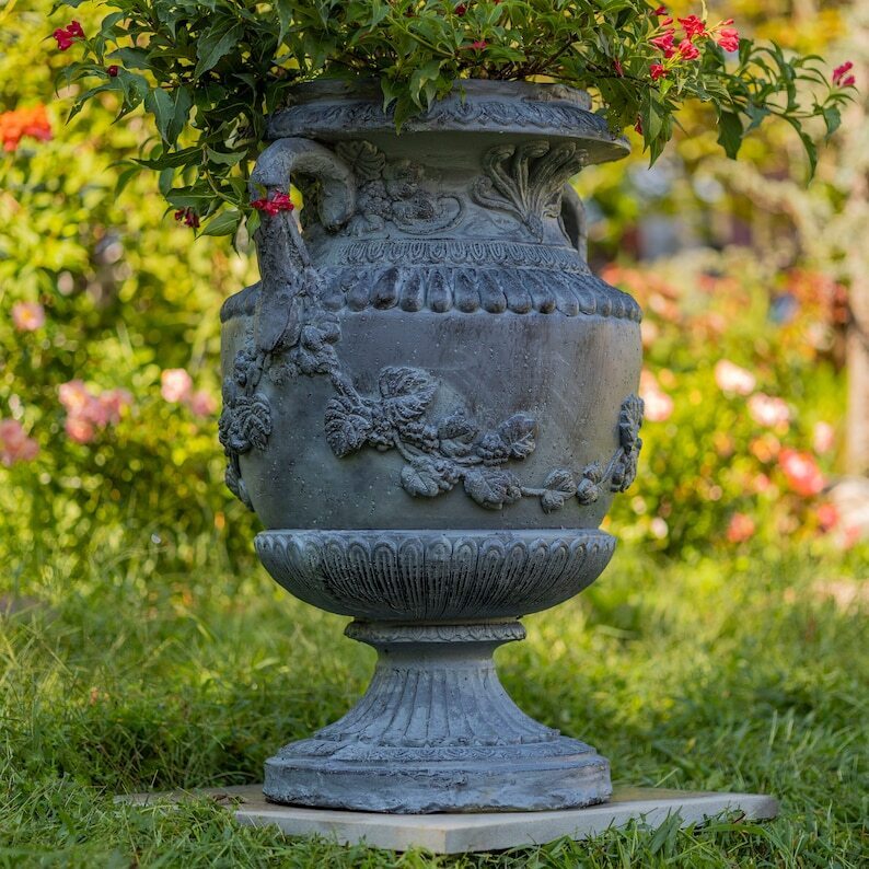 31 Inch Tall Urn Style Flower Planter in Antique Gray