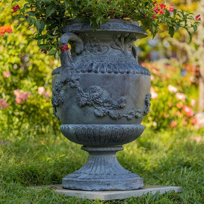 31 Inch Tall Urn Style Flower Planter in Antique Gray