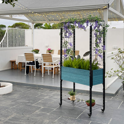 Self-watering Mobile Elevated Planter in Blue with Arch Trellis and UnderShelf