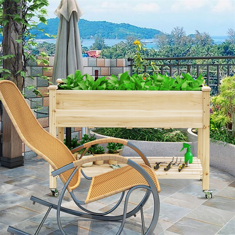 Wood Raised Garden Bed Elevated Planter Bed with Wheels Storage Shelf & Liner