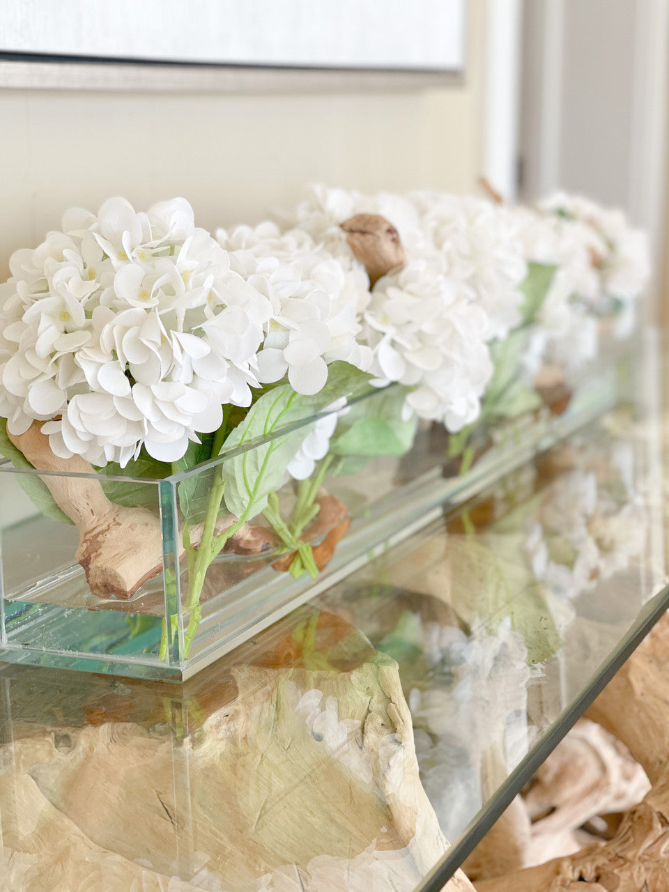 48″ Casa Moderna Glass Plate Planter with white Hydrangeas and Driftwood