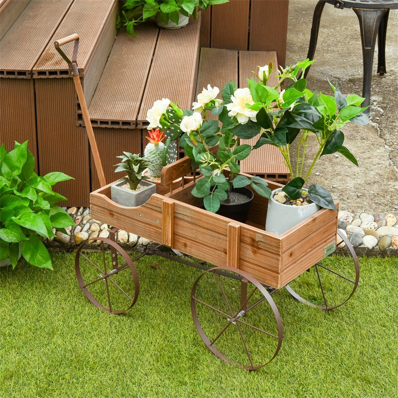 Wooden Garden Planter Wagon Cart with Metal Wheels for Backyard