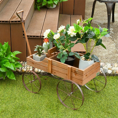 Wooden Garden Planter Wagon Cart with Metal Wheels for Backyard