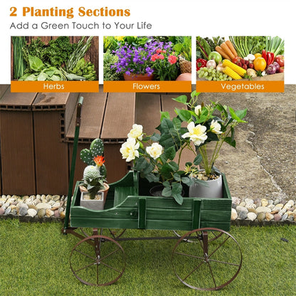 Wooden Garden Planter Wagon Cart with Metal Wheels for Backyard