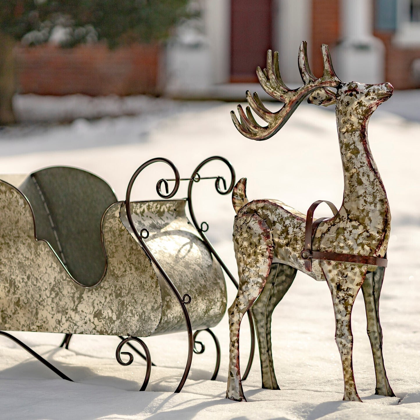 Large Galvanized Iron Reindeer and Sleigh