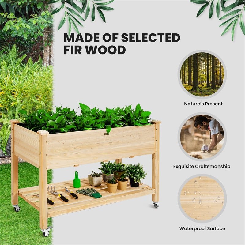 Wood Raised Garden Bed Elevated Planter Bed with Wheels Storage Shelf & Liner