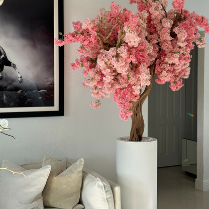 Most popular matt white st tropez planter with custom made pink cherry blossom tree