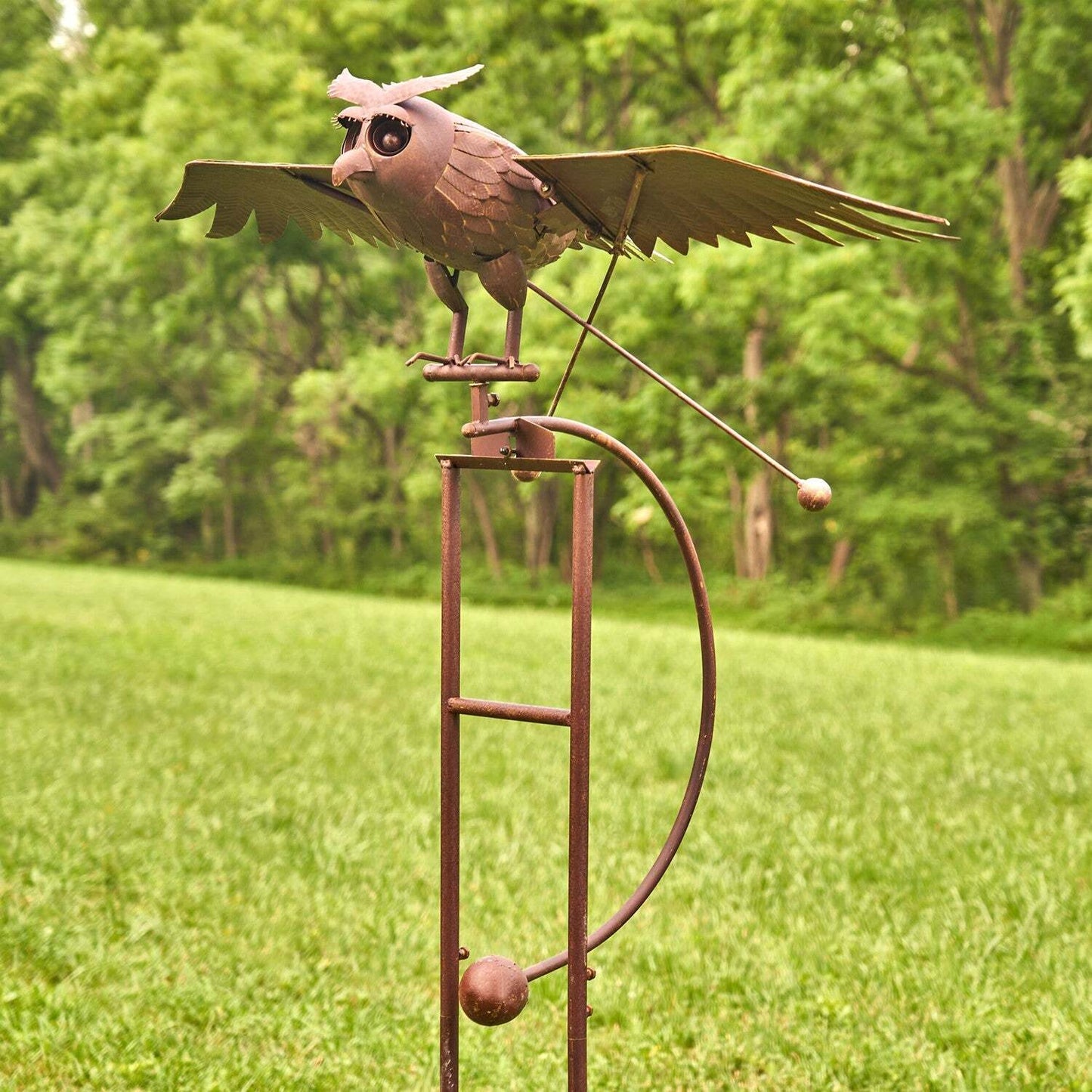 Large Iron Rocking Owl with Moving Wings Garden Stake in Rust