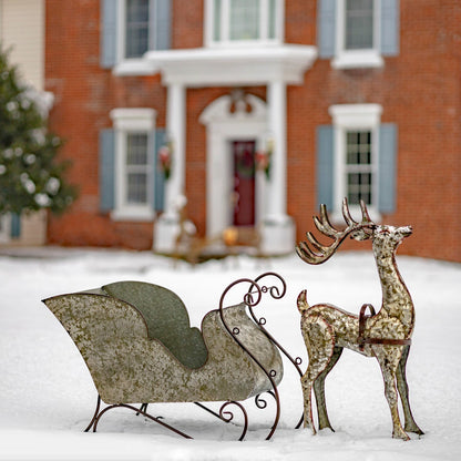 Large Galvanized Iron Reindeer and Sleigh