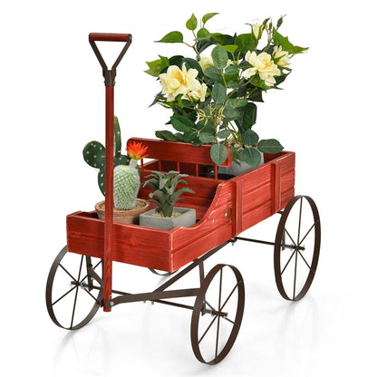 Wooden Garden Planter Wagon Cart with Metal Wheels for Backyard