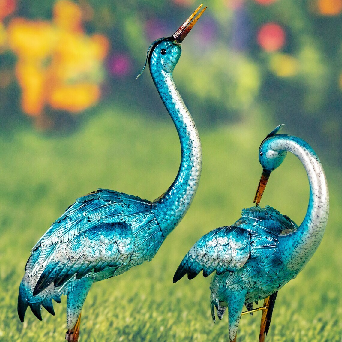 Pair of 2 Tall Metallic Blue-Green Heron Garden Figurines in Assorted Styles