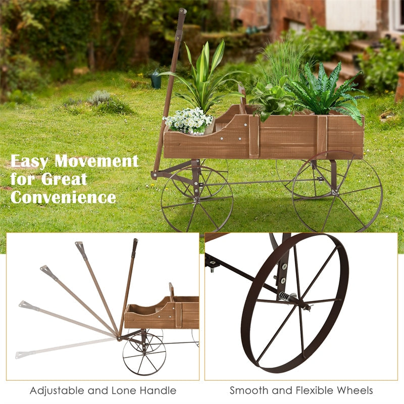 Wooden Garden Planter Wagon Cart with Metal Wheels for Backyard