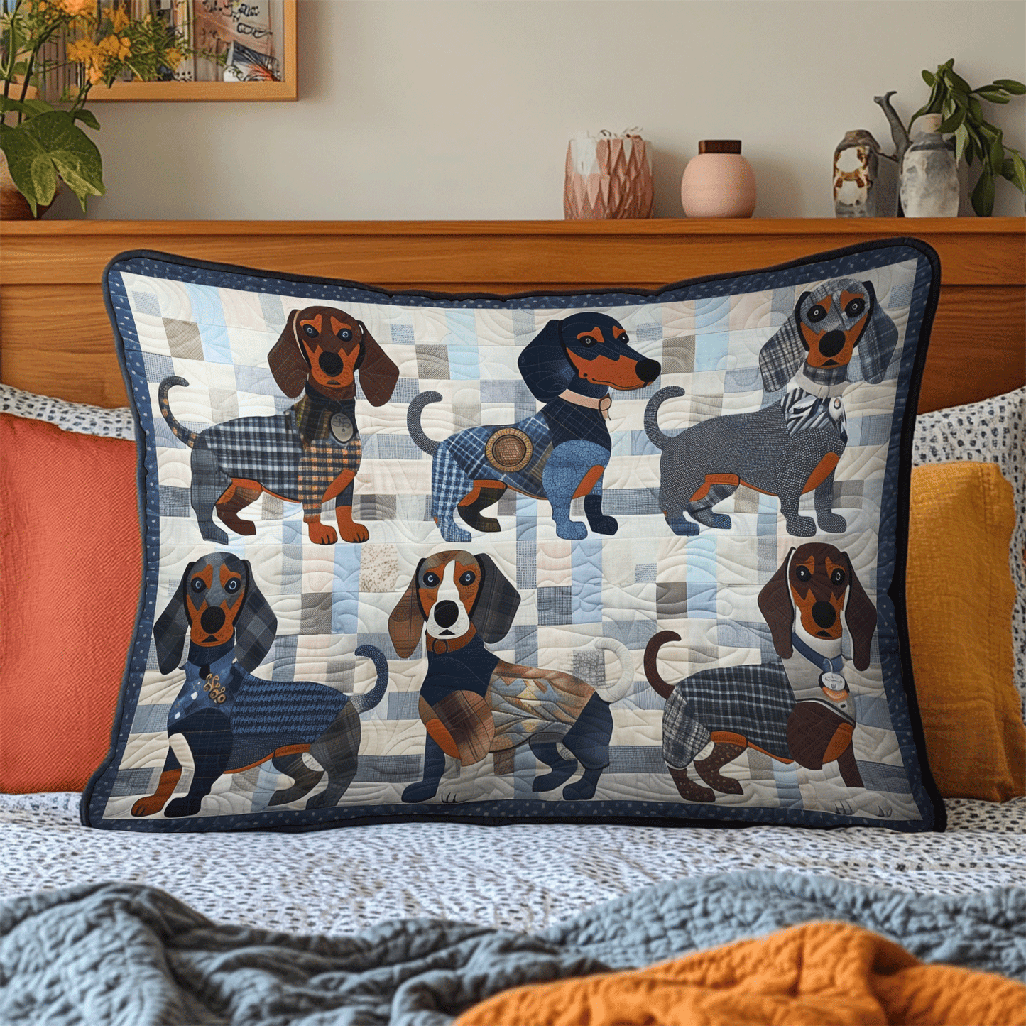 Blue Dachshund Quilted Bedding Pillow Case NCU0TH2121