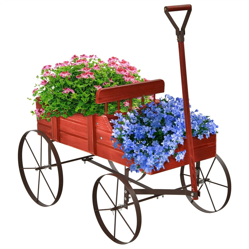 Wooden Garden Planter Wagon Cart with Metal Wheels for Backyard