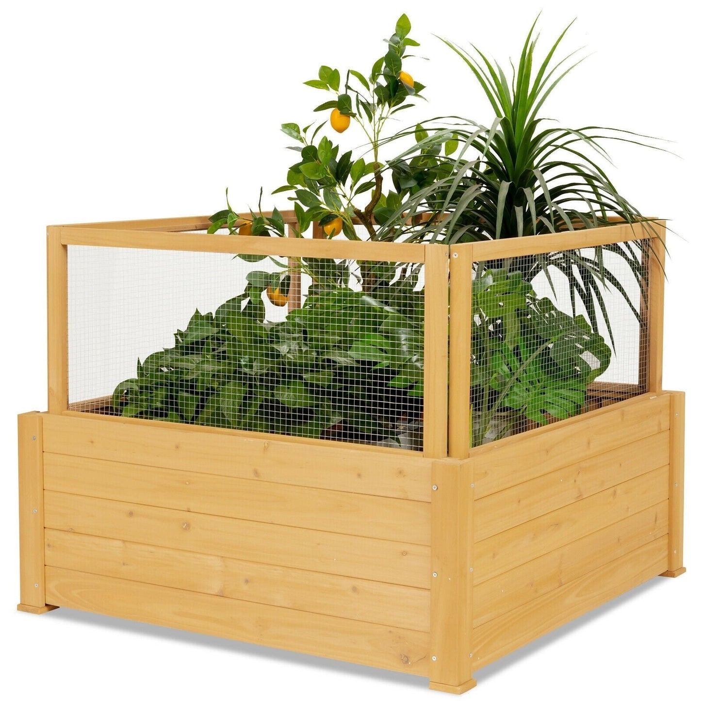 Wooden Raised Garden Bed with 9 Grids and Critter Guard Fence