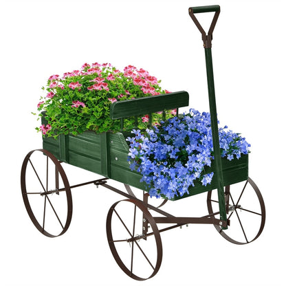 Wooden Garden Planter Wagon Cart with Metal Wheels for Backyard