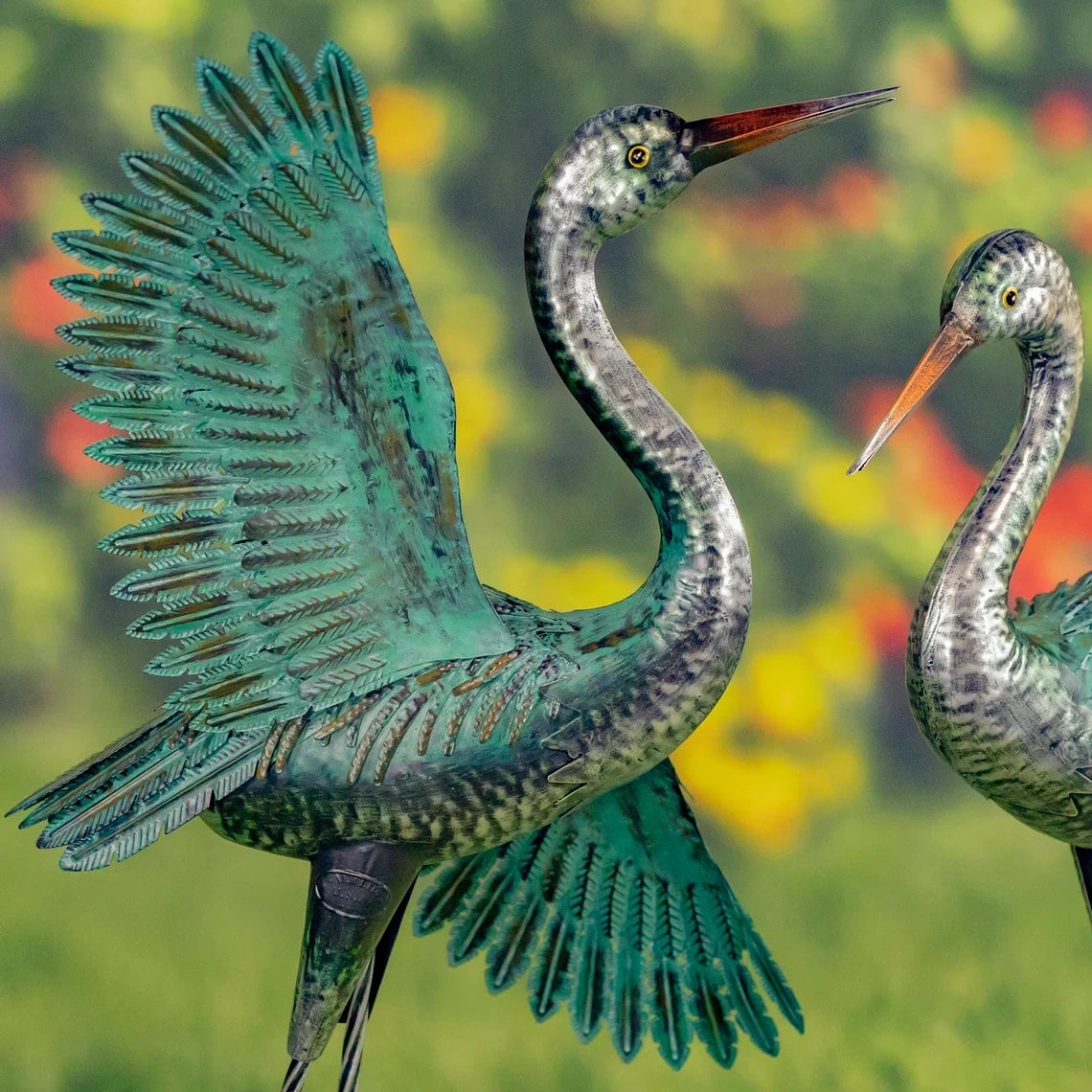 Stylized Silver-Teal Metallic Crane Garden Figurines