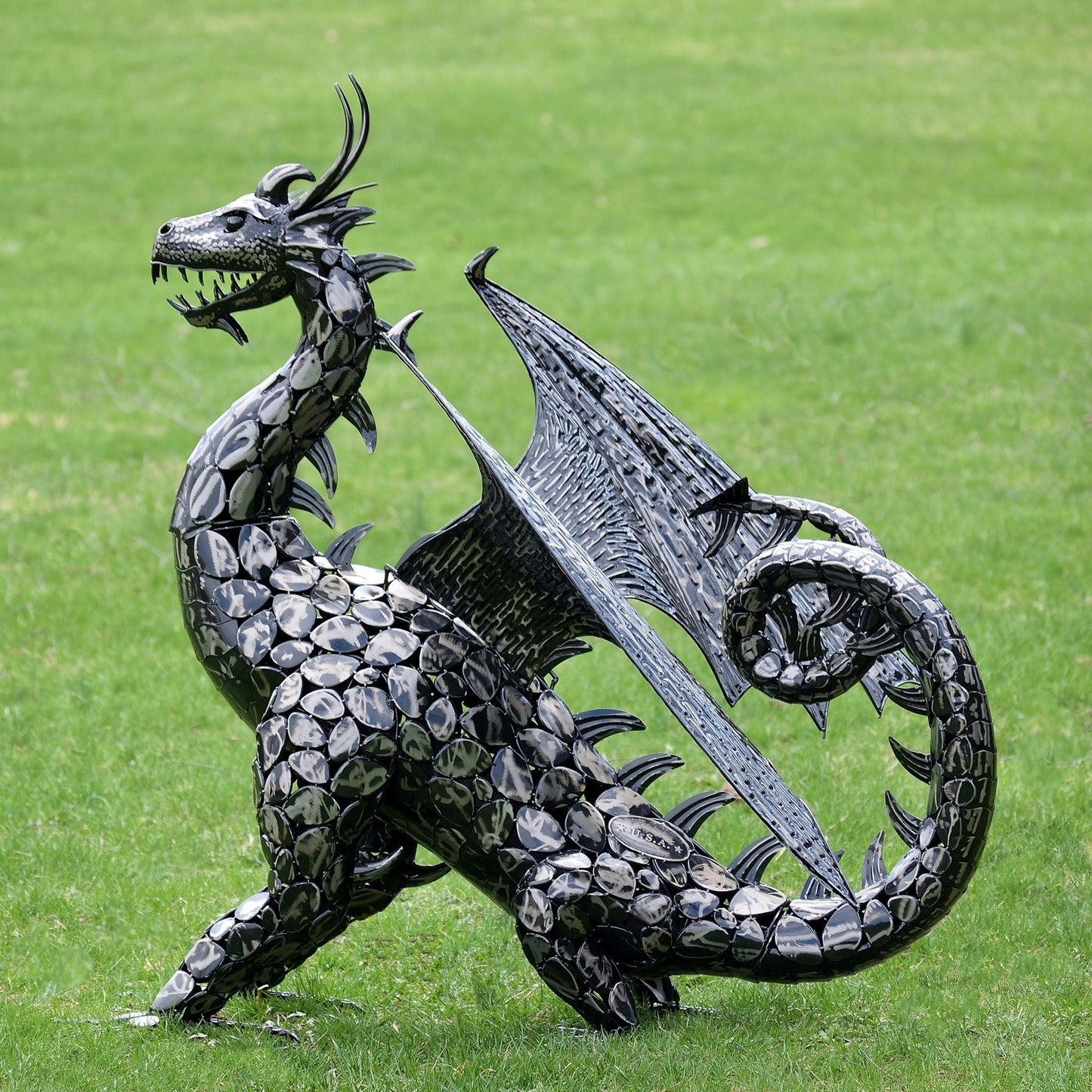 4.5 FT. TALL LARGE IRON DRAGON STATUE WITH CURLY TAIL