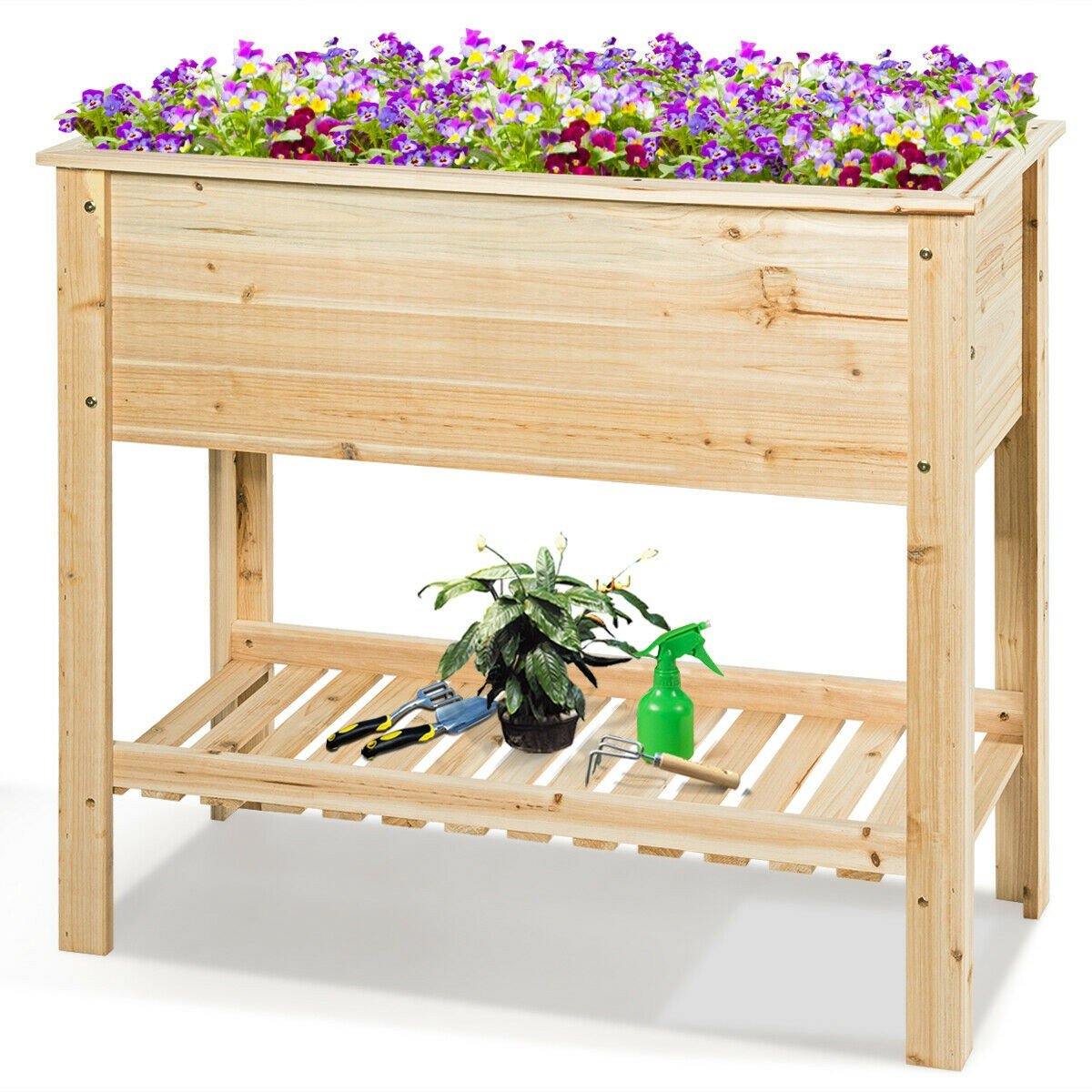 Wooden Outdoor Raised Garden Bed with Storage Shelf