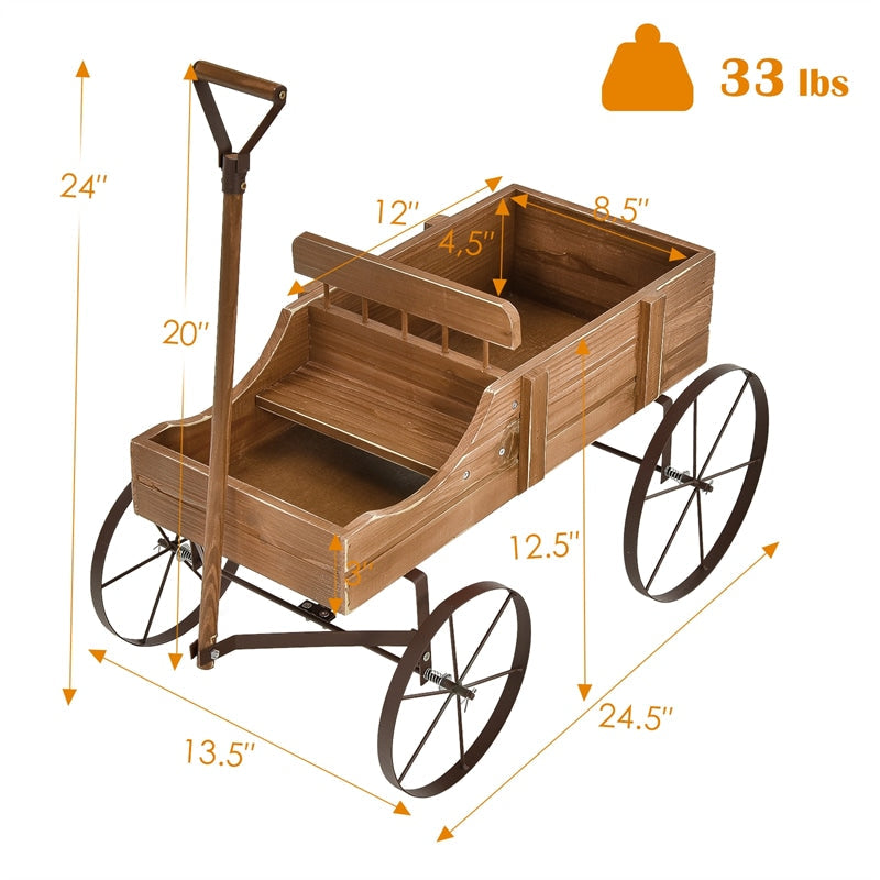 Wooden Garden Planter Wagon Cart with Metal Wheels for Backyard