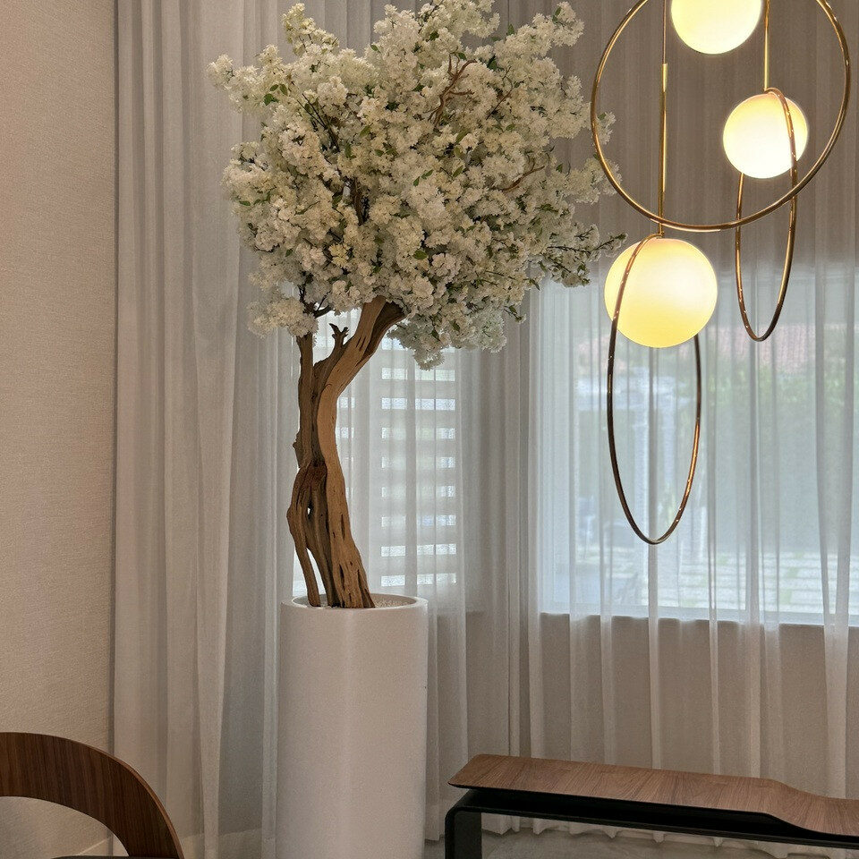 Most popular matte beige st tropez planter with custom made white cherry blossom tree