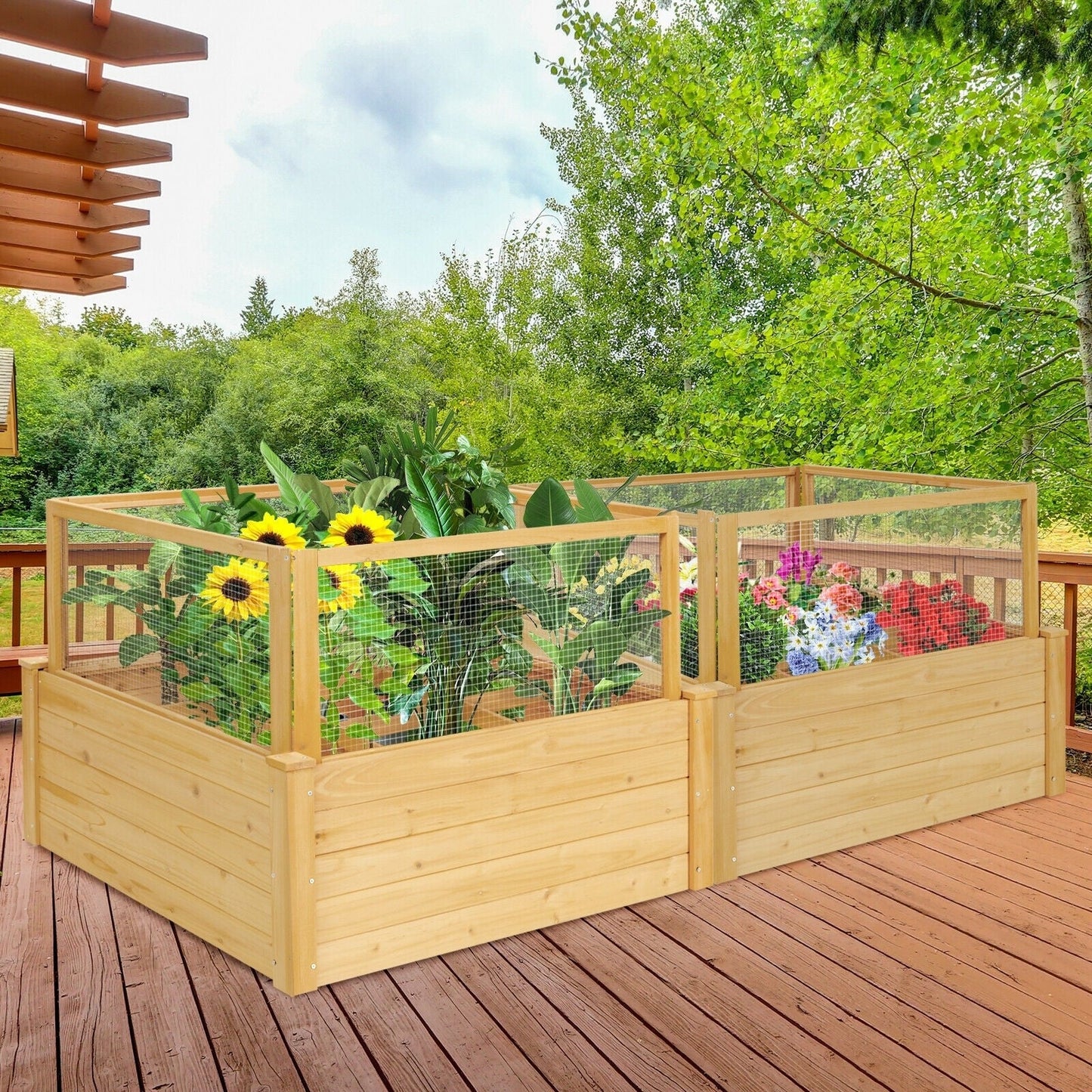 Wooden Raised Garden Bed with 9 Grids and Critter Guard Fence