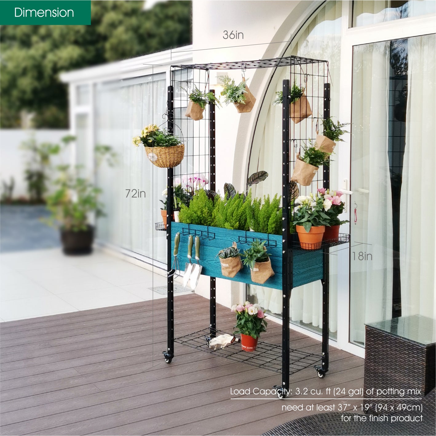 Self-watering Mobile Elevated Planter in Blue with Arch Trellis and UnderShelf and Basket & Hook Set