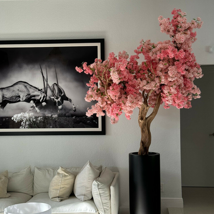 Most popular matte black st tropez planter with custom made pink cherry blossom tree