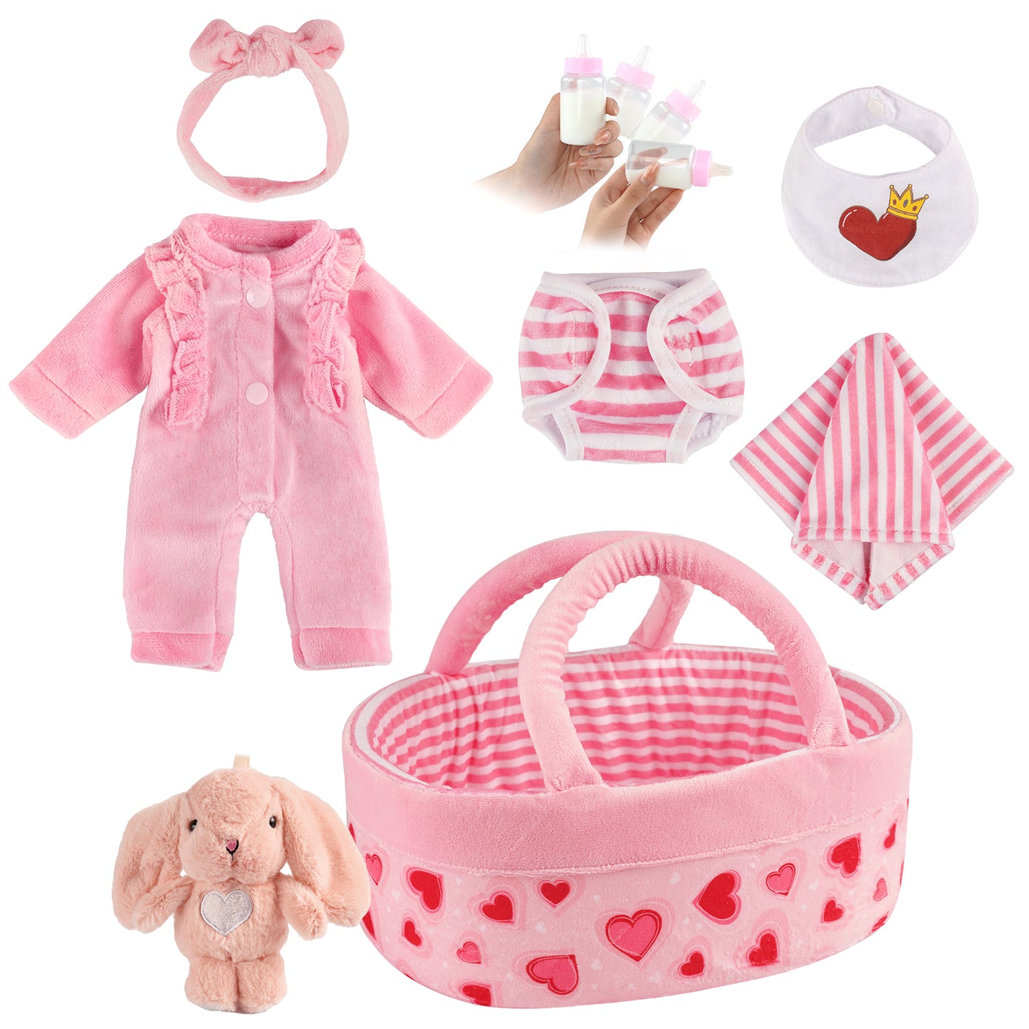 12" Pink Love for Reborn Baby Girl Accessories 8-Pieces Set