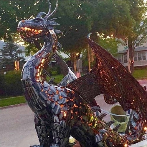 4.5 FT. TALL LARGE IRON DRAGON STATUE WITH CURLY TAIL