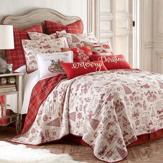 Yuletide Quilt Set - King Quilt (106x92in.)  Two King Pillow Shams (36x20in.) - Christmas Holiday Script - Red and Cream - Reversible - Cotton