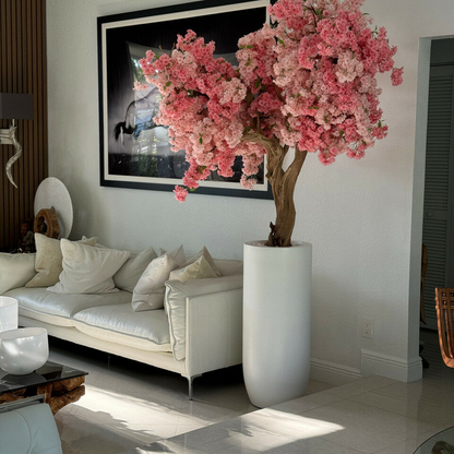 Most popular matt white st tropez planter with custom made pink cherry blossom tree