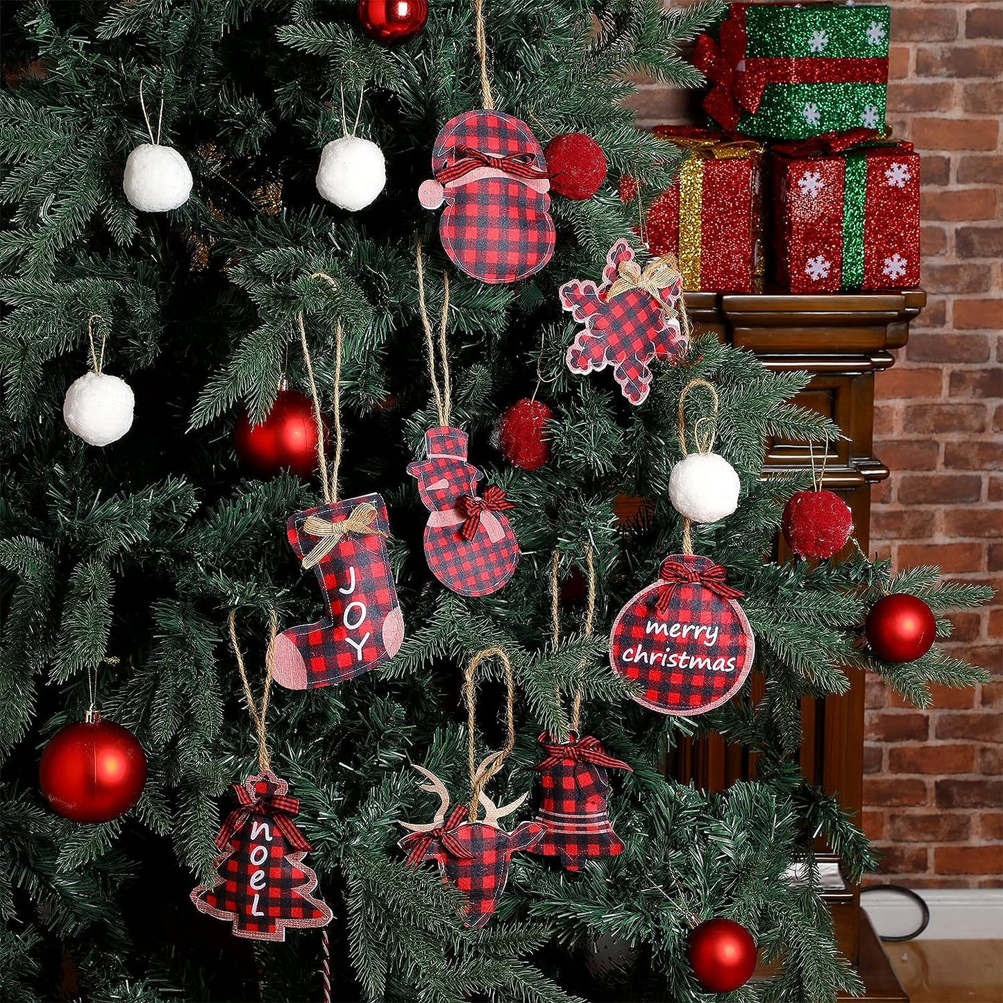 Christmas-Christmas decorations tree ornament 8 pcs red black buffalo check plaid stitching burlap hanging ornaments tree ball bell stocking shaped hanging decor for holiday xmas party decorations gift