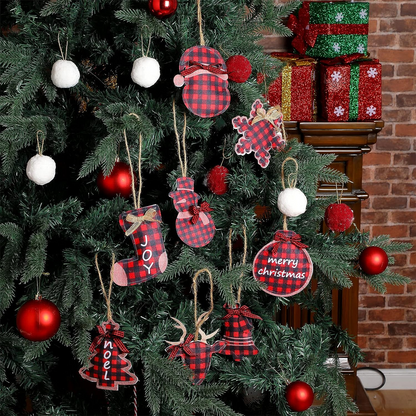 Christmas-Christmas decorations tree ornament 8 pcs red black buffalo check plaid stitching burlap hanging ornaments tree ball bell stocking shaped hanging decor for holiday xmas party decorations gift