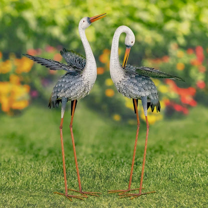 Blue and White Metal Egret Garden Figurines