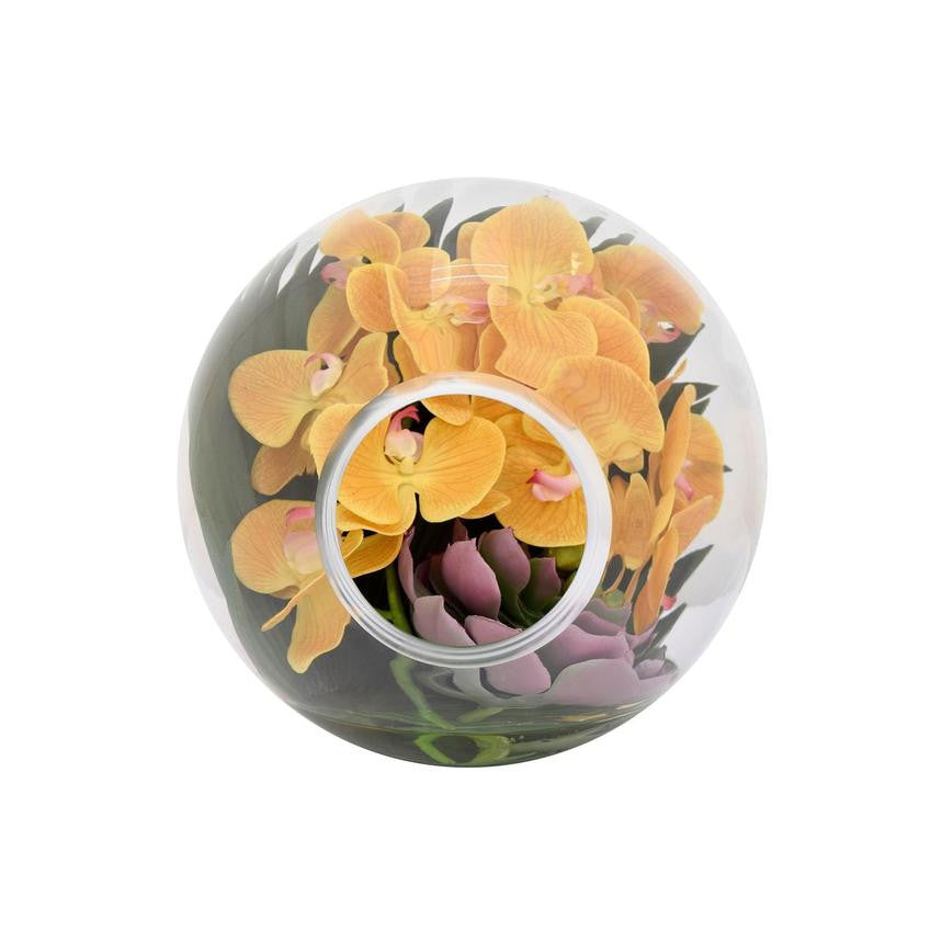 Crosswinds vase with yellow orchids and palm