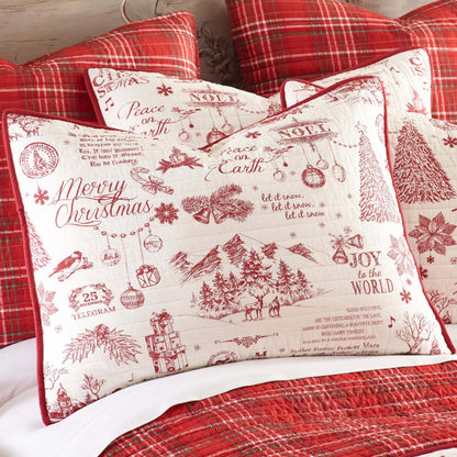 Yuletide Quilt Set - King Quilt (106x92in.)  Two King Pillow Shams (36x20in.) - Christmas Holiday Script - Red and Cream - Reversible - Cotton