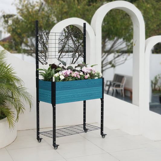 Self-watering Mobile Elevated Planter in Blue with Trellis