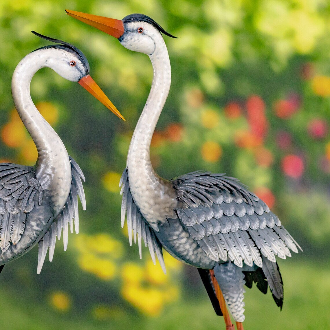 Pair of 2 Great Chic Blue Heron Iron Garden Figurines in Assorted Styles