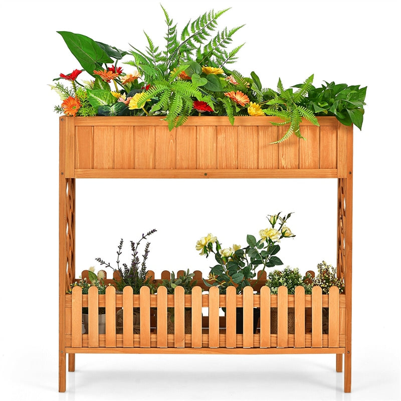 2-Tier Wood Raised Garden Bed Elevated Planter Box for Vegetable Flower Herb