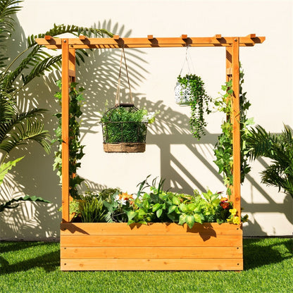 Raised Garden Bed with Arch Trellis Wood Elevated Planter Box with Hanging Roof Drainage Holes Side Trellis for Vine Climbing Plants