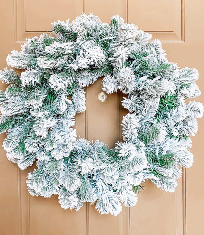 24" King Flock® Wreath with Warm White LED Lights (Battery Operated)