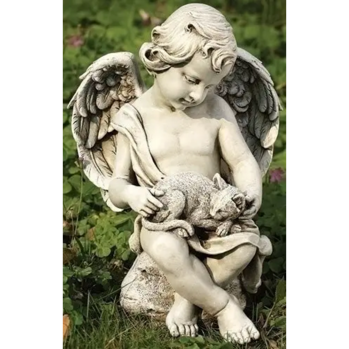 Angel Cherub Holding A Kitten Garden Statue