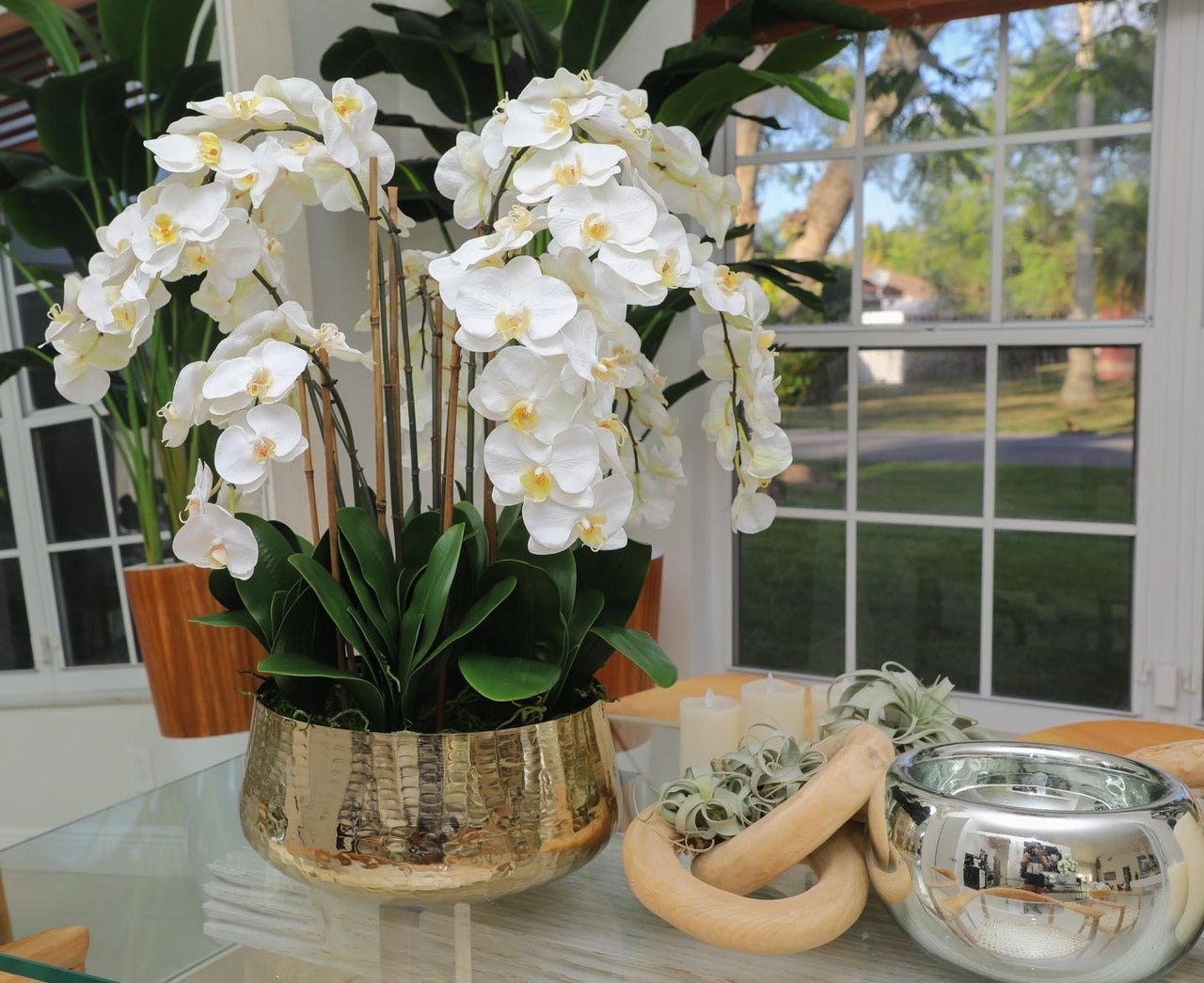 Phalaenopsis Orchids Floral Arrangement in Large Gold Planter