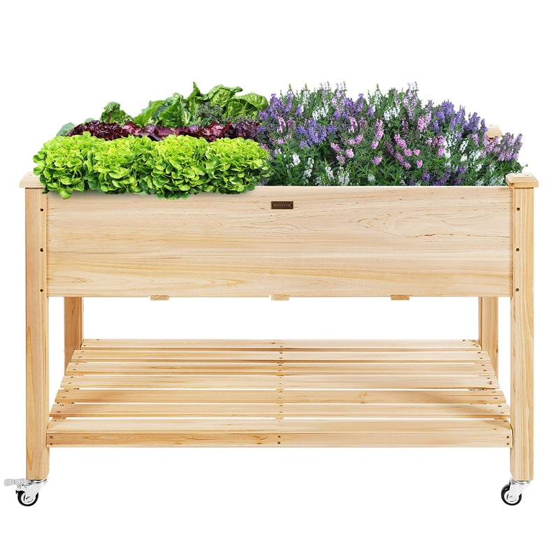 Wood Raised Garden Bed Elevated Planter Bed with Wheels Storage Shelf & Liner