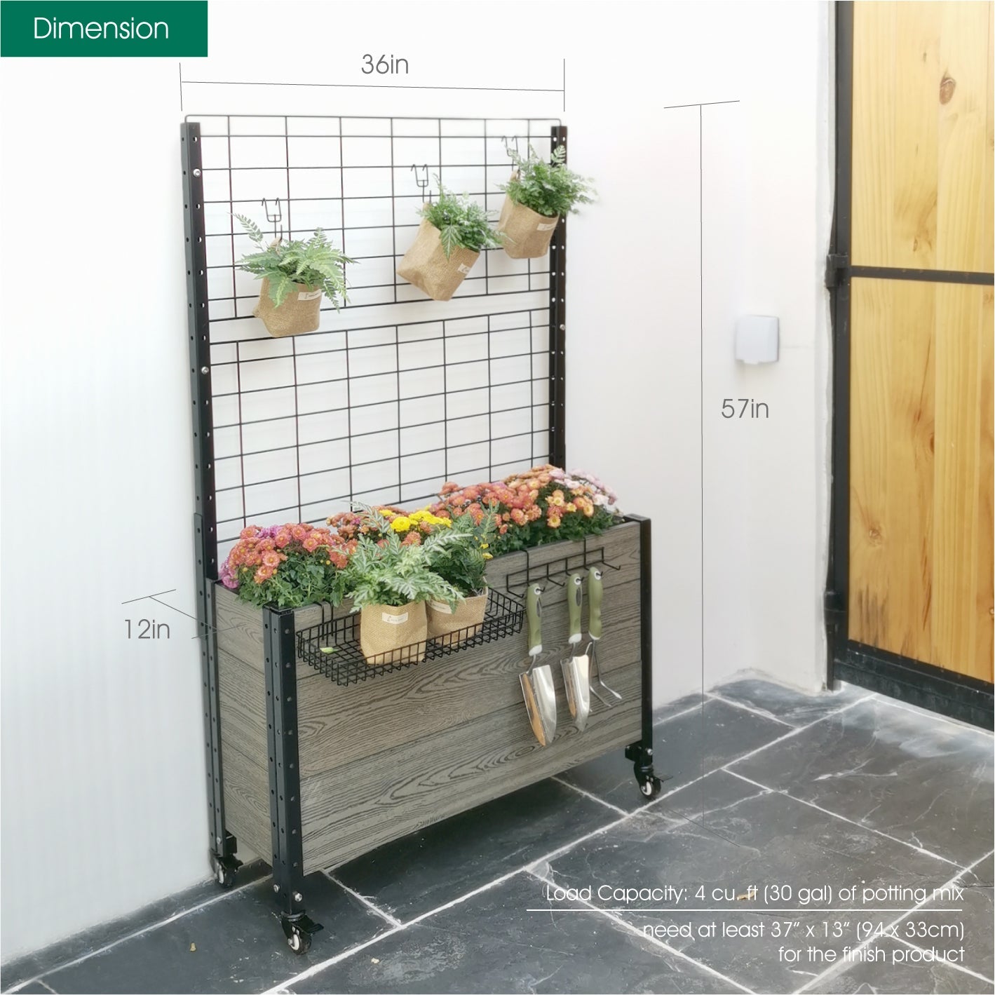 Mobile Deep Trough Planter with Trellis and Basket & Hook Set