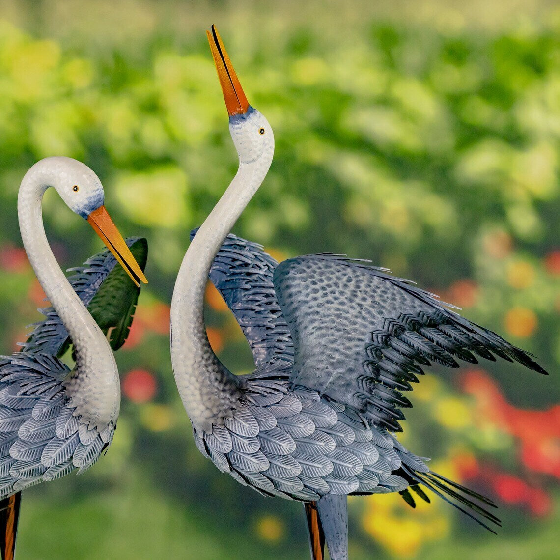 White Neck Blue-Grey Heron Garden Figurines with Spread Wings